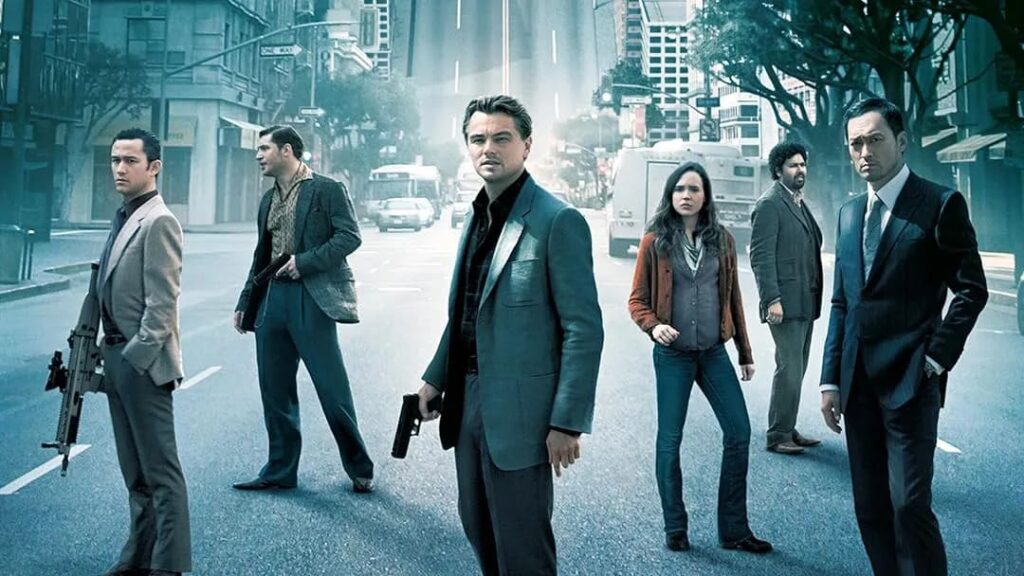Christopher Nolan Inception című filmjének főszereplői, köztük Leonardo DiCaprio és Tom Hardy
